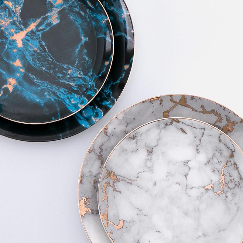 Glazed Ceramic Marble-Effect Metallic Rim Dinner Plate