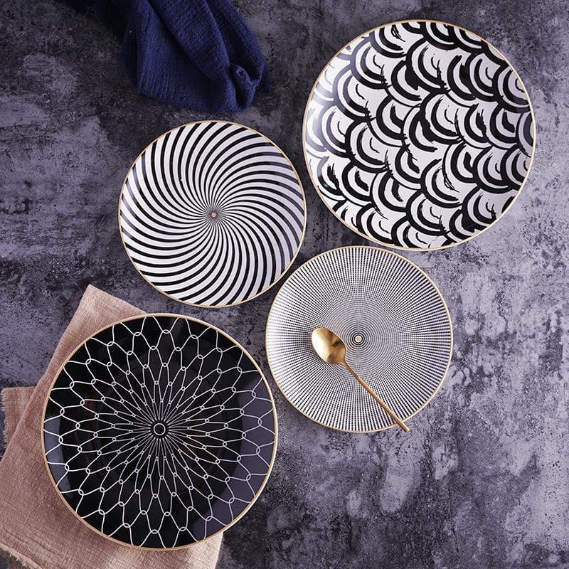 Porcelain Geometric Metallic Rim Dinner Plate Set