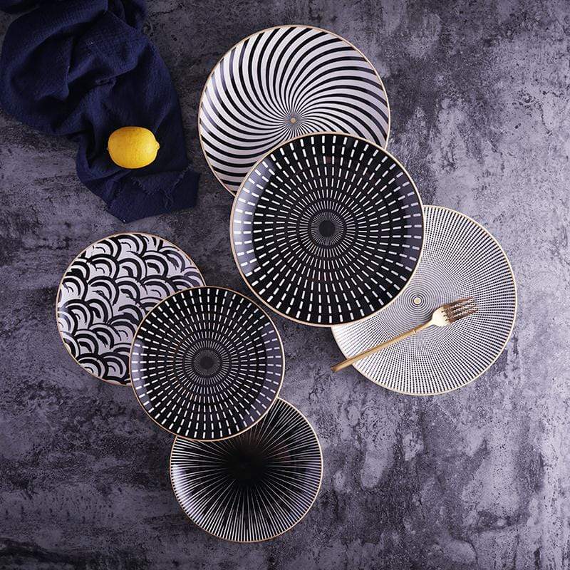 Porcelain Geometric Metallic Rim Dinner Plate Set
