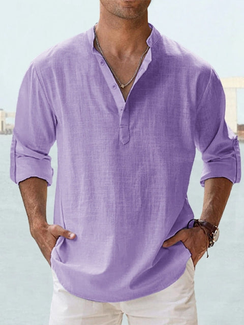Men's Shirt - Relaxed Fit - Long-Sleeved - Sustainable Lightweight Fabric - Grandad Collar