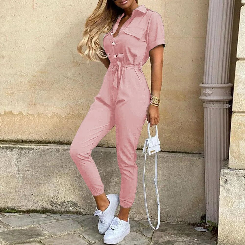Women's Jumpsuit - Utility Style - Button Closure - Waist Tie - Short Sleeves