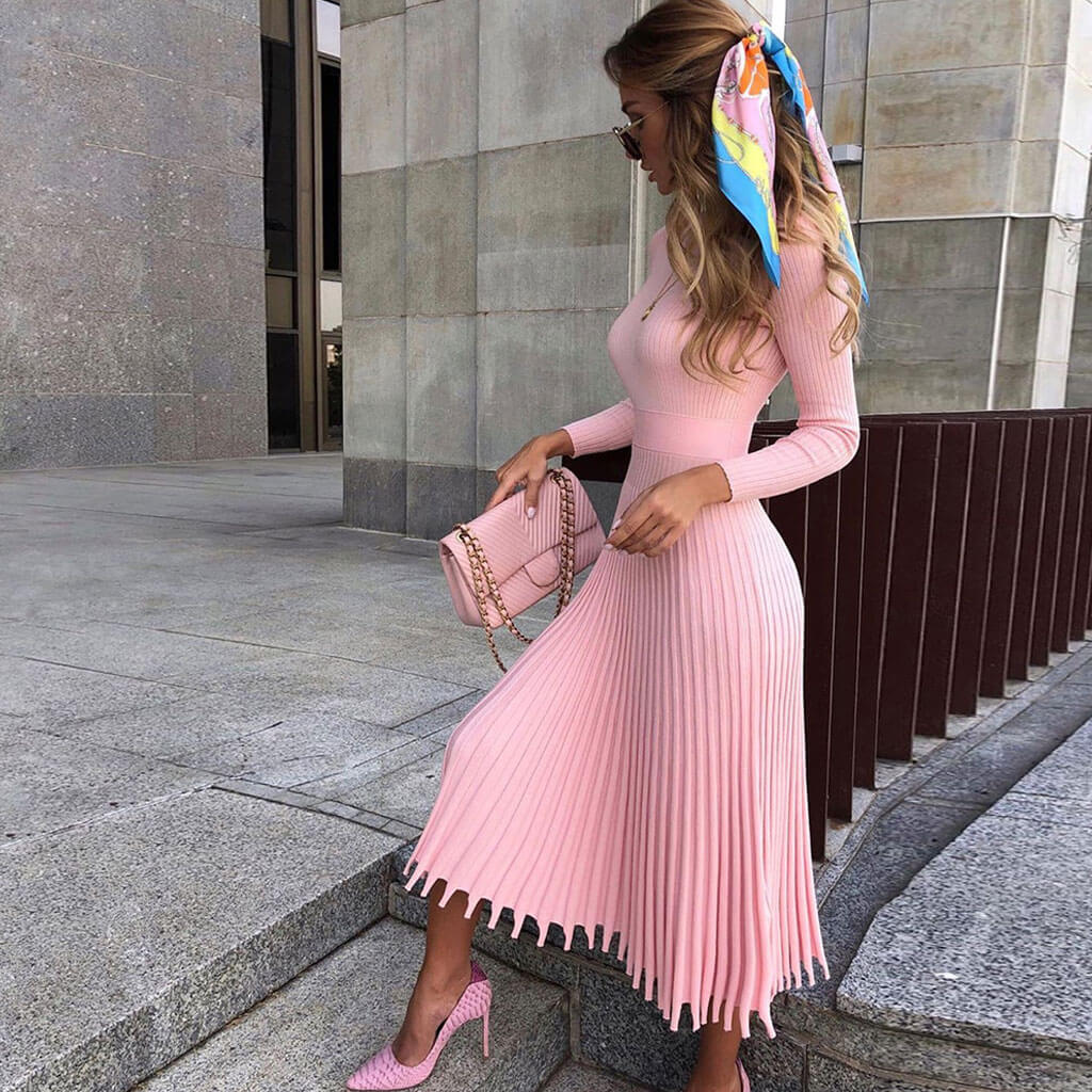 Soft Rib Knit High Neck Sweater Dress