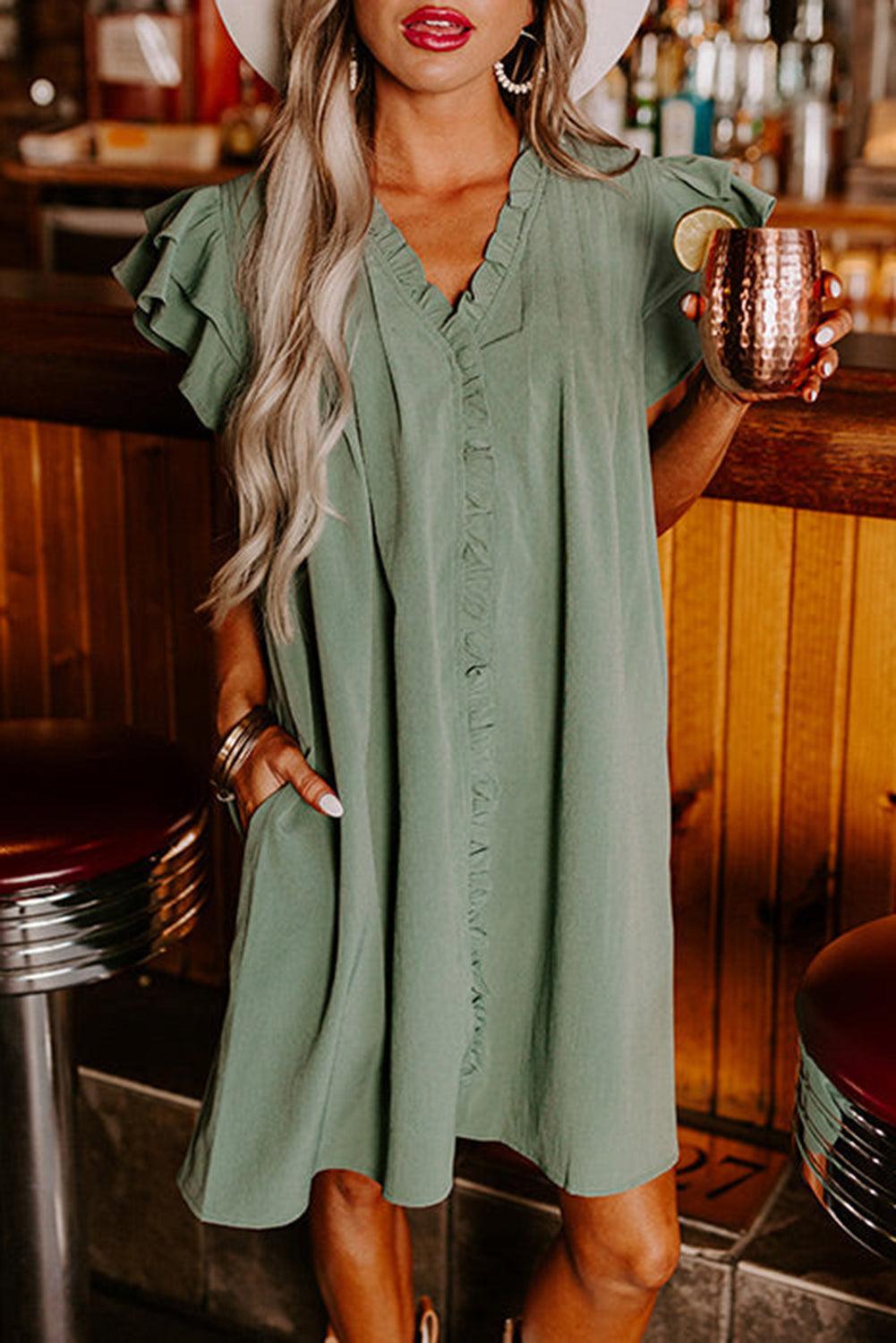 V-Neck Ruffle Sleeve Pocket Dress