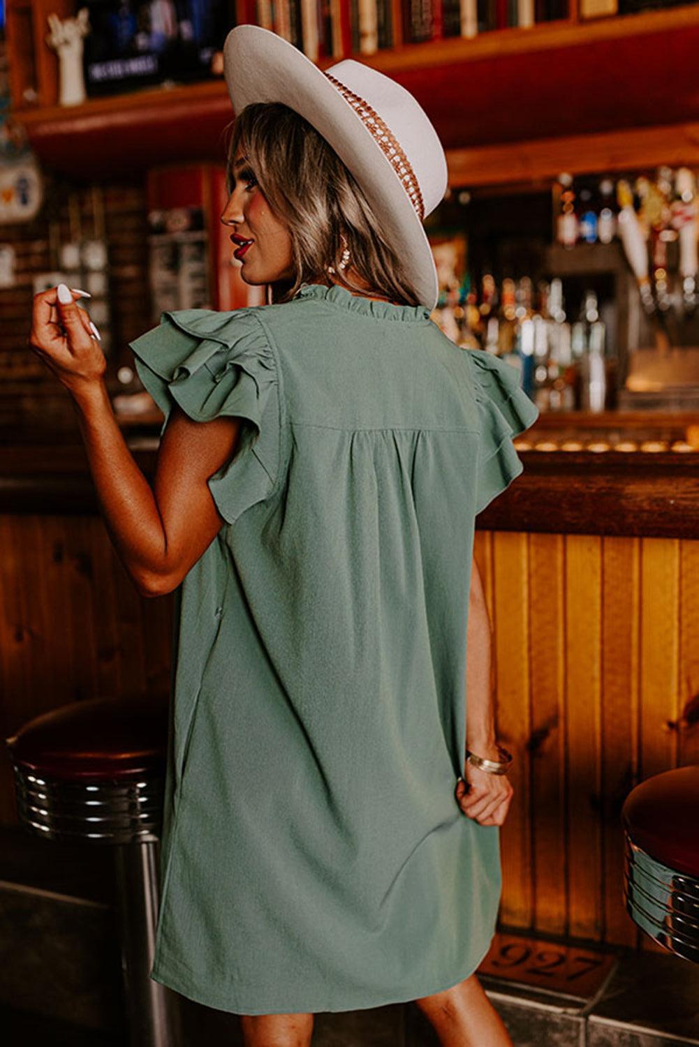 V-Neck Ruffle Sleeve Pocket Dress