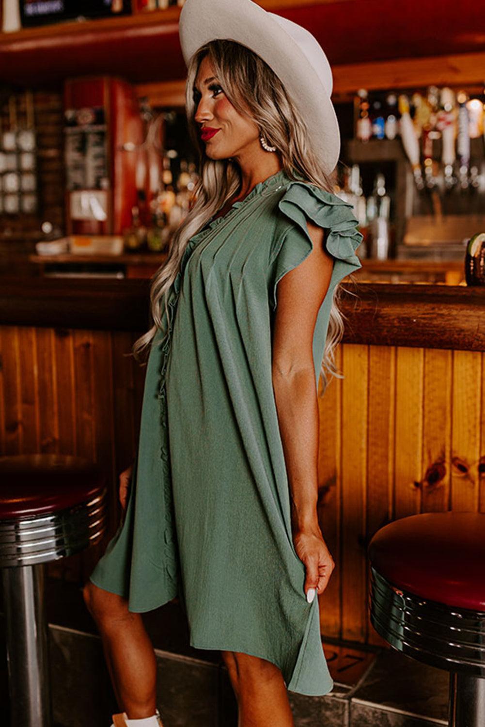 Women's Dress - V-Neck - Short Ruffle Sleeves - Loose Fit - With Pockets
