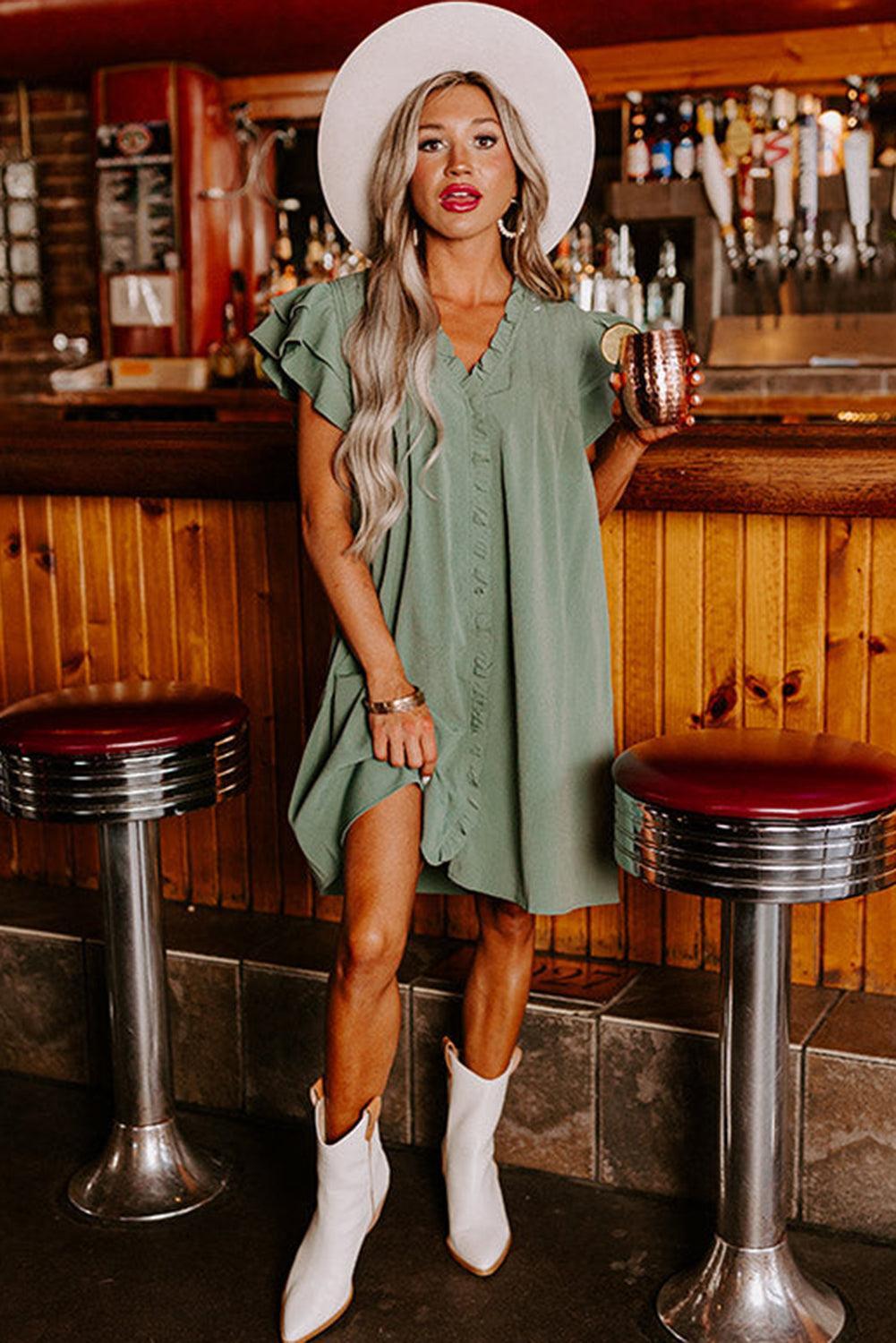 Women's Dress - V-Neck - Short Ruffle Sleeves - Loose Fit - With Pockets