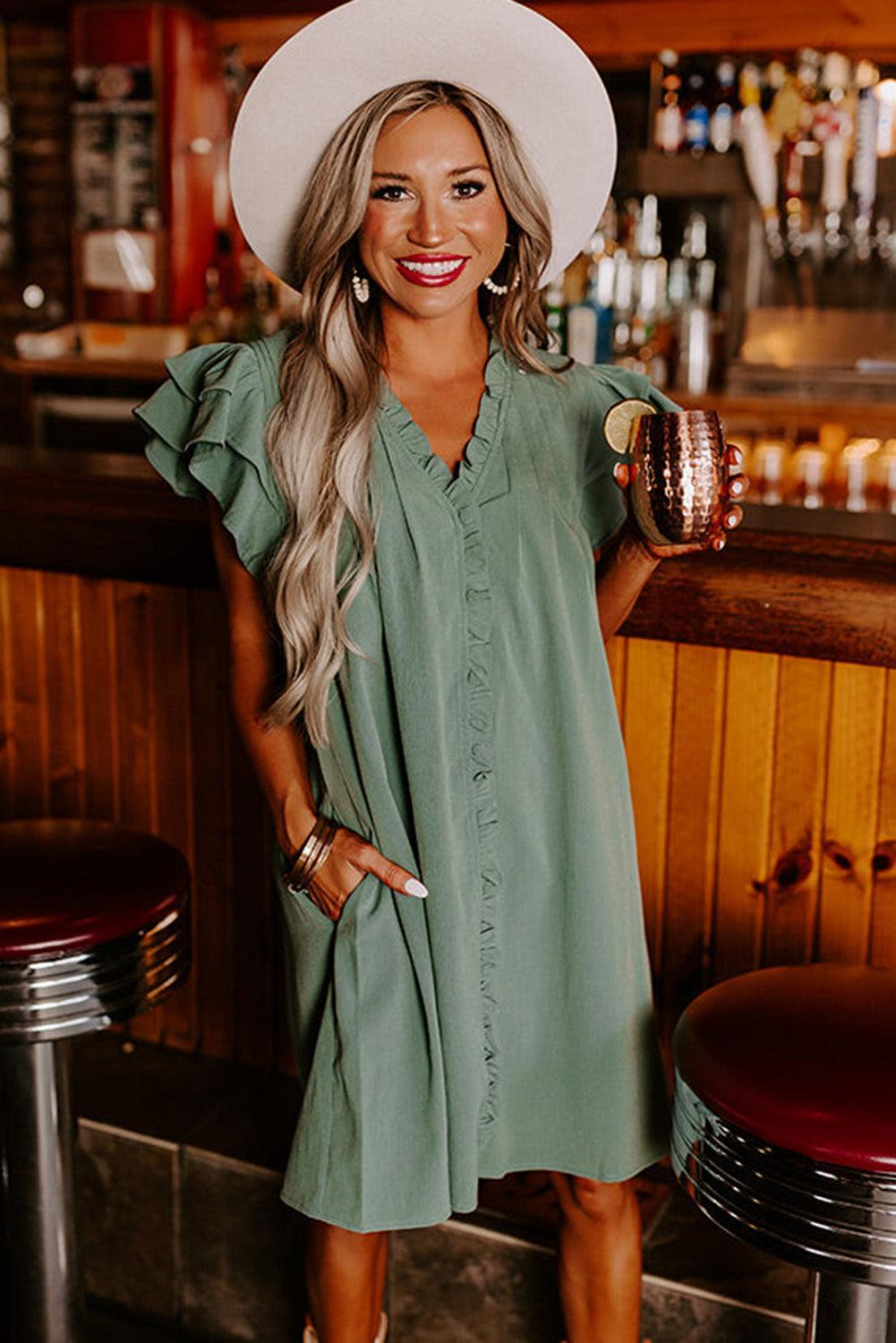 Women's Dress - V-Neck - Short Ruffle Sleeves - Loose Fit - With Pockets