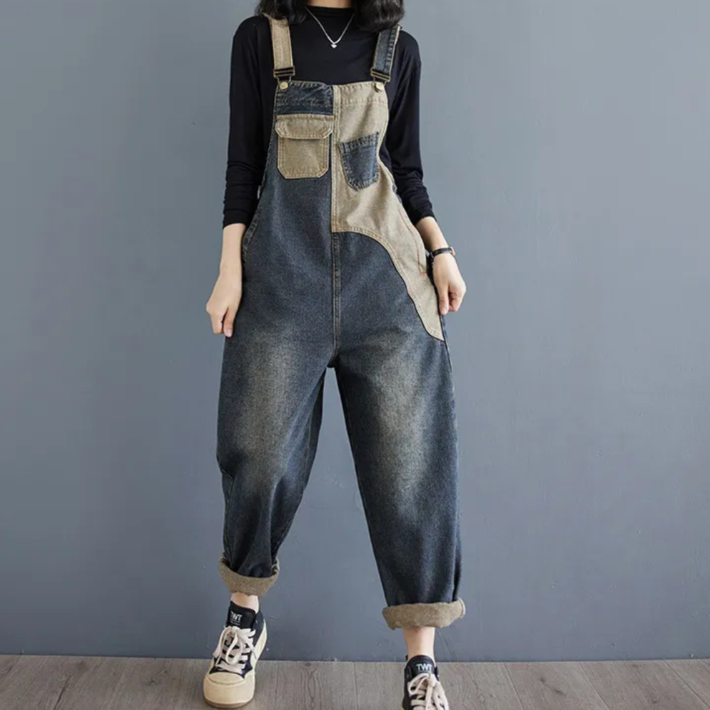 Women's Denim Overalls - Loose Fit - Patchwork Design - Adjustable Straps - With Pockets