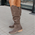 Women's Knee-High Boots – Suede – Low Heel – Zipper – Buckle Detail