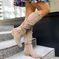 Women's Knee-High Boots – Suede – Low Heel – Zipper – Buckle Detail