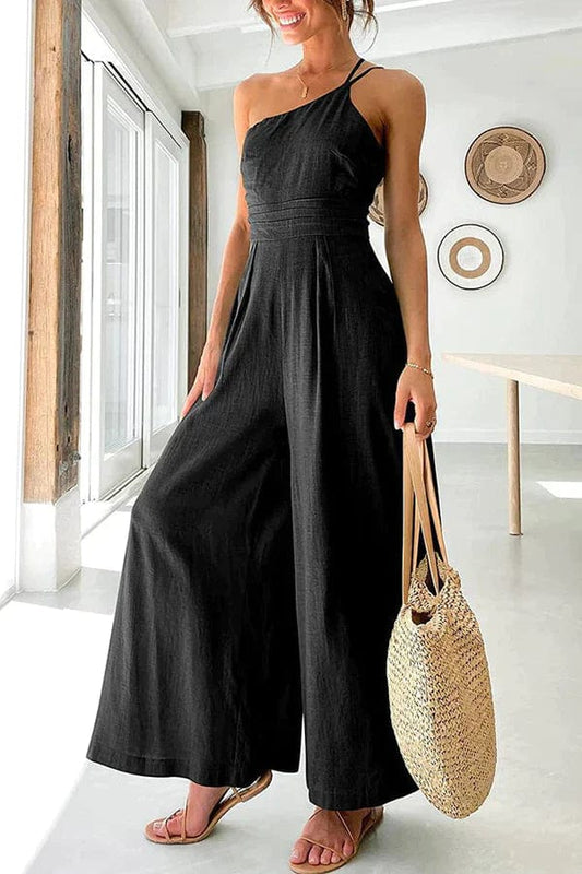 One-Shoulder Linen Blend Wide Leg Jumpsuit