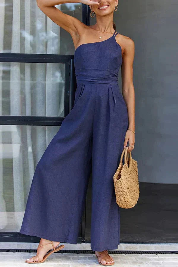 One Shoulder Cotton Cropped Wide Leg Jumpsuit