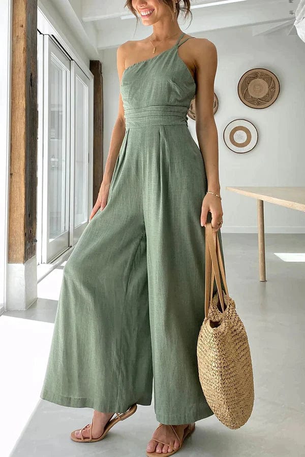 One Shoulder Cotton Cropped Wide Leg Jumpsuit