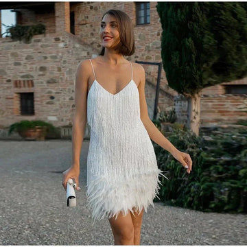 Dame Cocktailkjole - V-Hals - Spaghettistropper - Frynser & Fjer - Elegant Festlook
