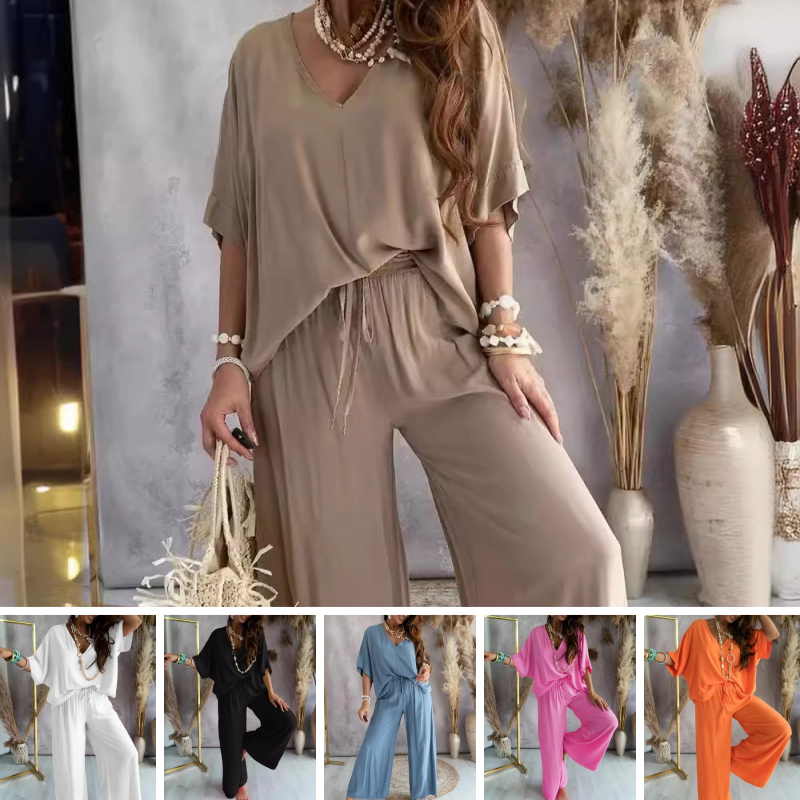 Women's Loungewear Set - Oversize V-Neck Top & Wide Trousers - Soft & Breathable