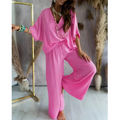 Women's Loungewear Set - Oversize V-Neck Top & Wide Trousers - Soft & Breathable