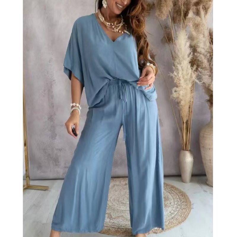 Women's Loungewear Set - Oversize V-Neck Top & Wide Trousers - Soft & Breathable