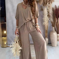 Women's Loungewear Set - Oversize V-Neck Top & Wide Trousers - Soft & Breathable