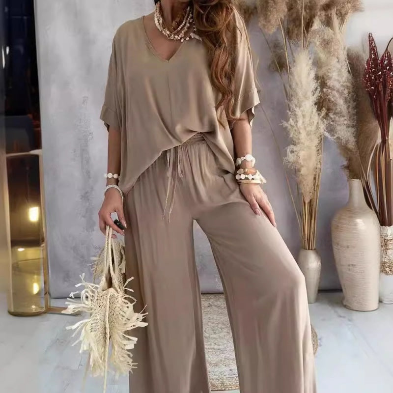 Women's Loungewear Set - Oversize V-Neck Top & Wide Trousers - Soft & Breathable