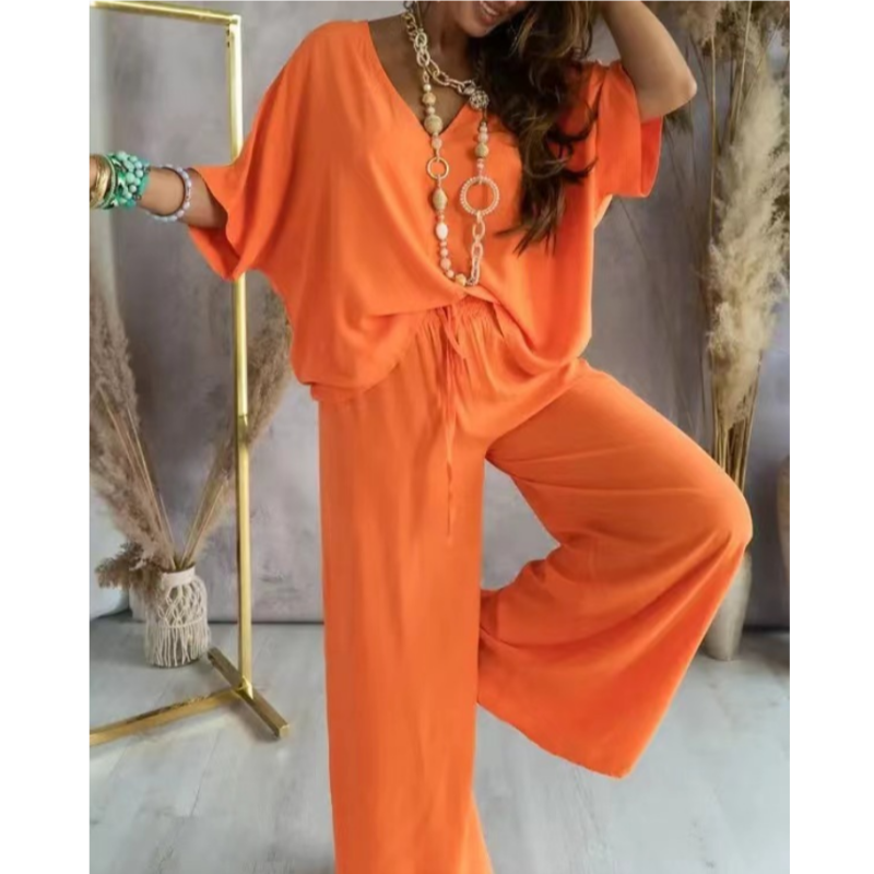 Women's Loungewear Set - Oversize V-Neck Top & Wide Trousers - Soft & Breathable