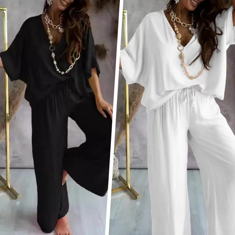 Women's Loungewear Set - Oversize V-Neck Top & Wide Trousers - Soft & Breathable