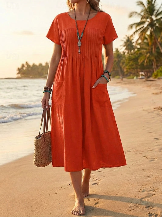 Effortless Pintuck Midi Dress with Gathered Waist and Patch Pockets