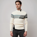 Men's Knit Sweater - Geometric Pattern - Ribbed Texture - Long-Sleeved Crewneck