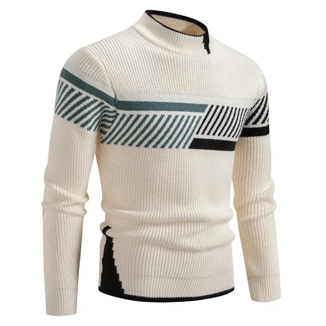 Men's Knit Sweater - Geometric Pattern - Ribbed Texture - Long-Sleeved Crewneck