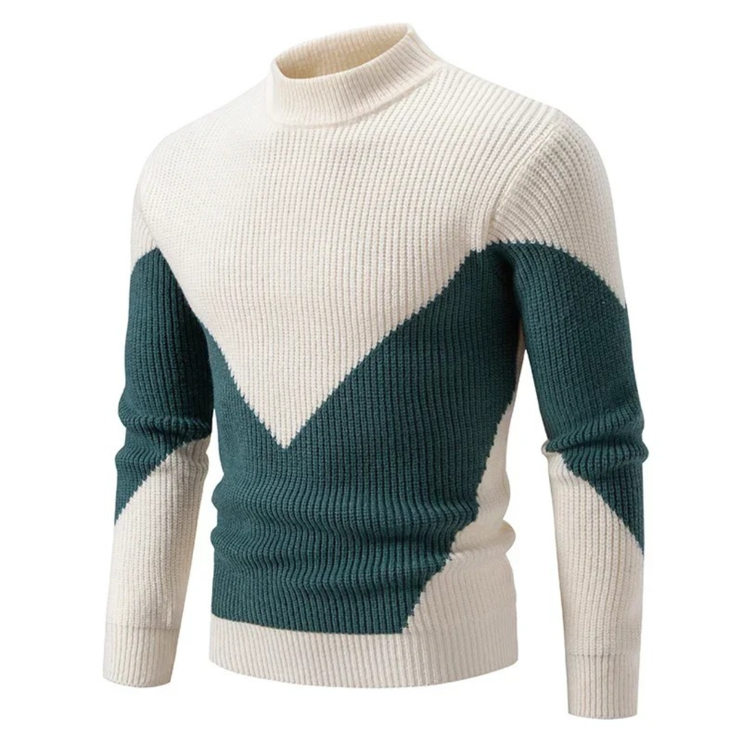 Men's Knit Sweater - Geometric Pattern - Ribbed Texture - Long-Sleeved Crewneck