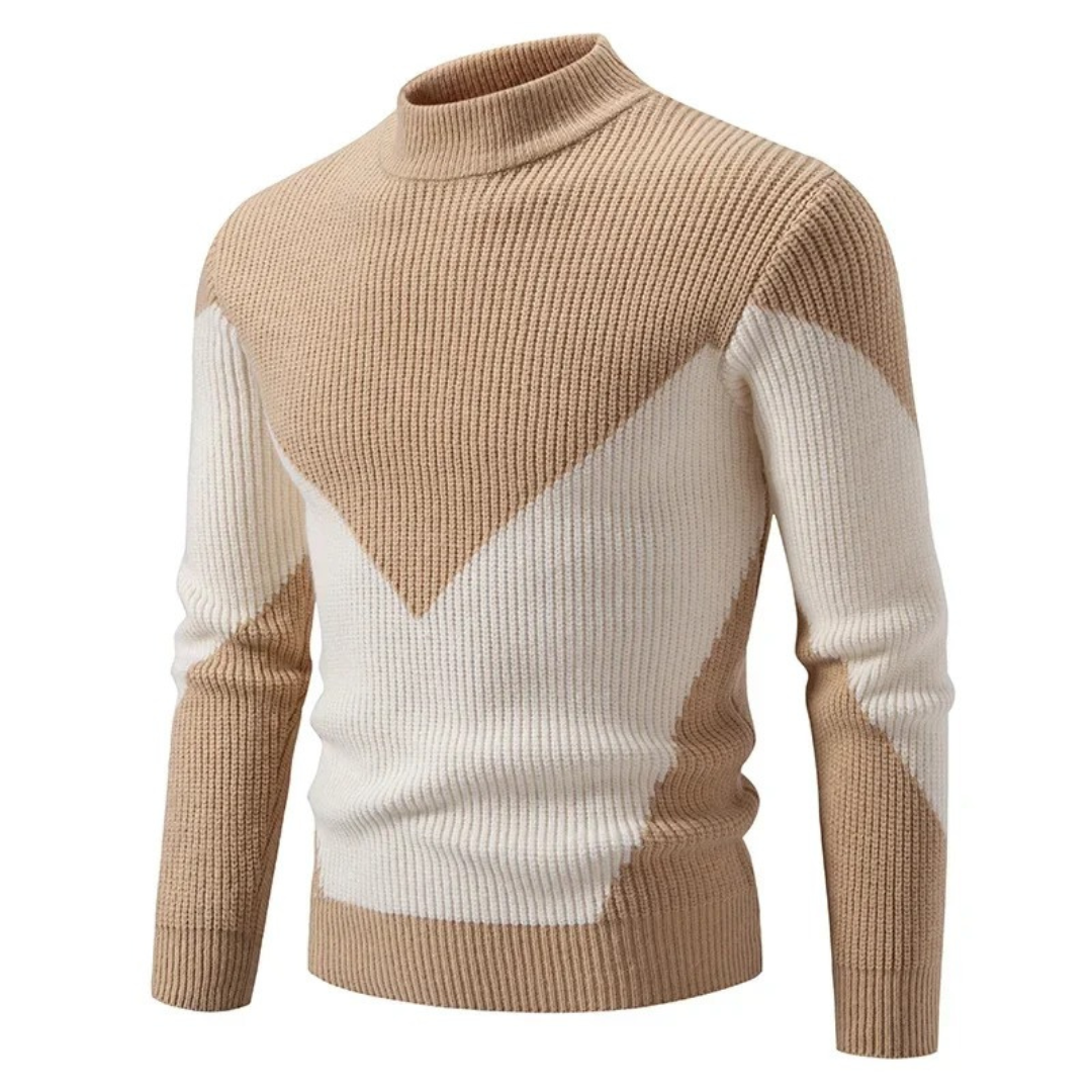 Men's Knit Sweater - Geometric Pattern - Ribbed Texture - Long-Sleeved Crewneck