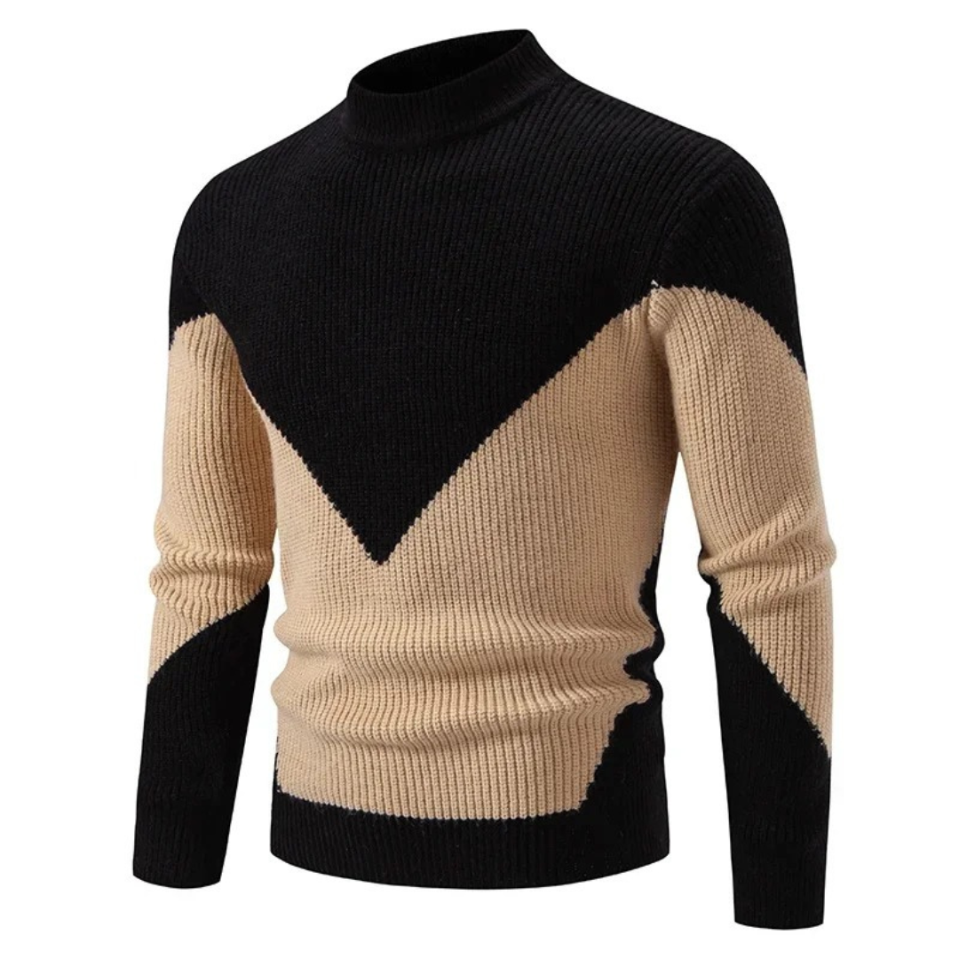 Men's Knit Sweater - Geometric Pattern - Ribbed Texture - Long-Sleeved Crewneck