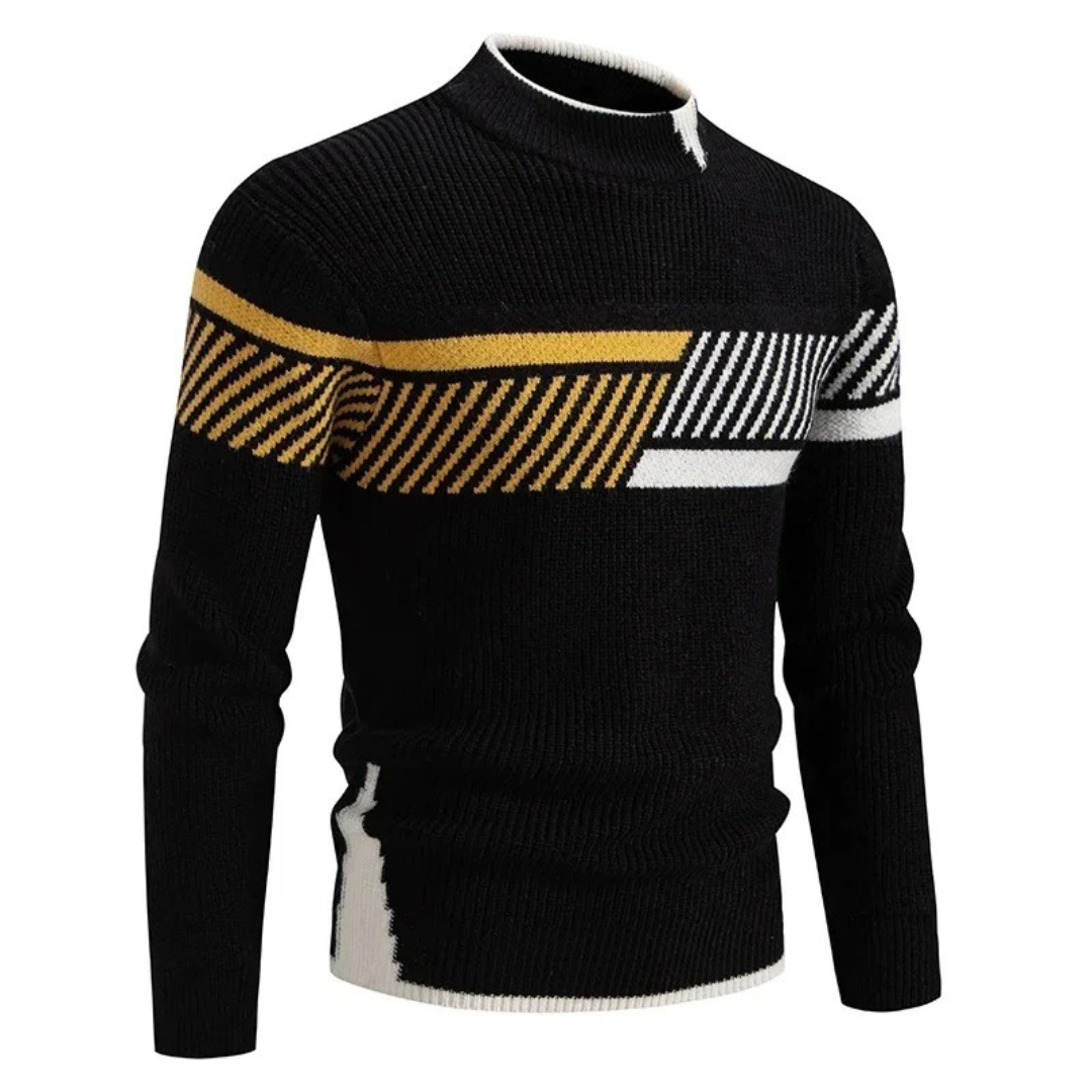 Men's Knit Sweater - Geometric Pattern - Ribbed Texture - Long-Sleeved Crewneck