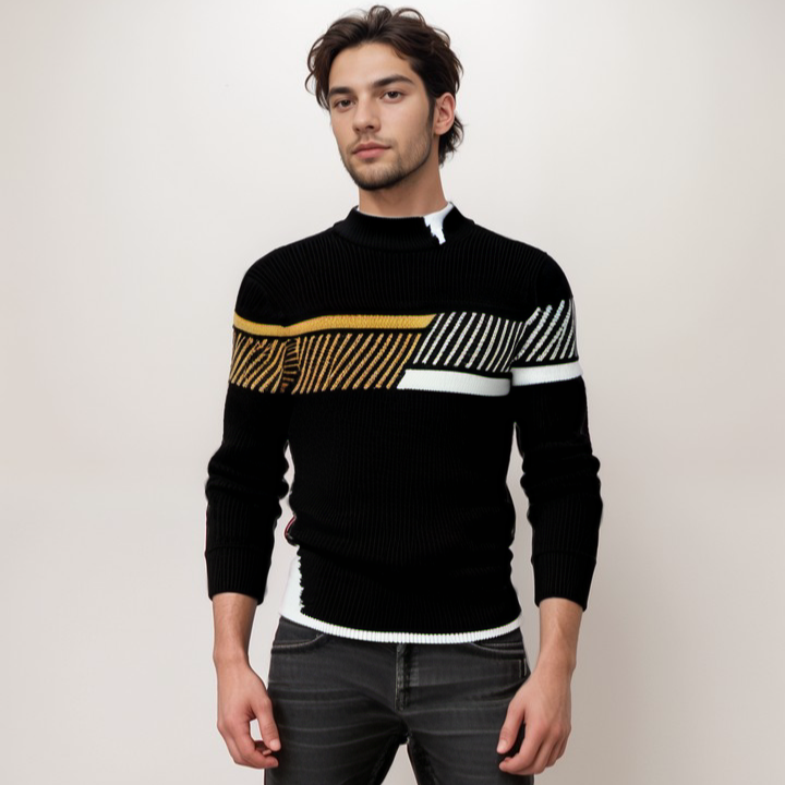 Men's Knit Sweater - Geometric Pattern - Ribbed Texture - Long-Sleeved Crewneck