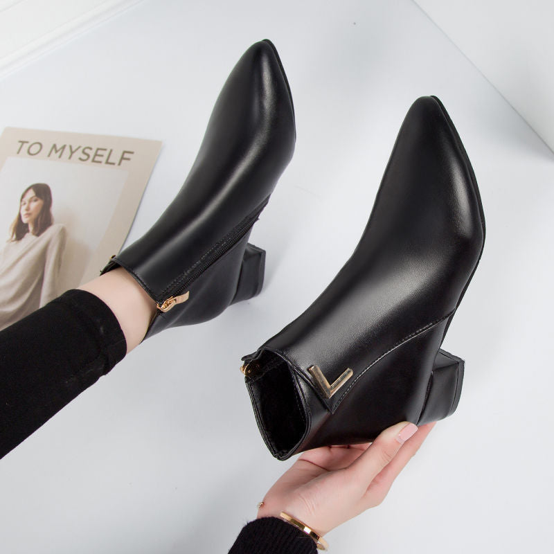 Women's Ankle Boots – Suede-like Material – Pointed Toe – Block Heel – Zipper