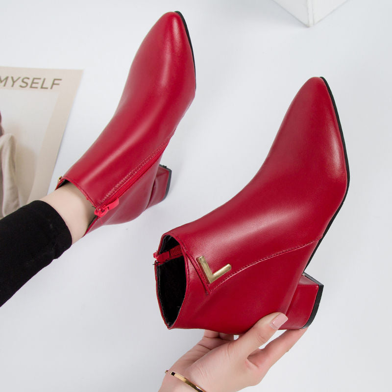 Women's Ankle Boots – Suede-like Material – Pointed Toe – Block Heel – Zipper