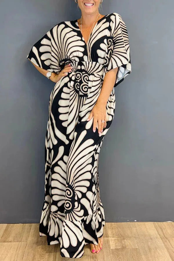 Smocked Waist Wide Leg V-Neck Jumpsuit