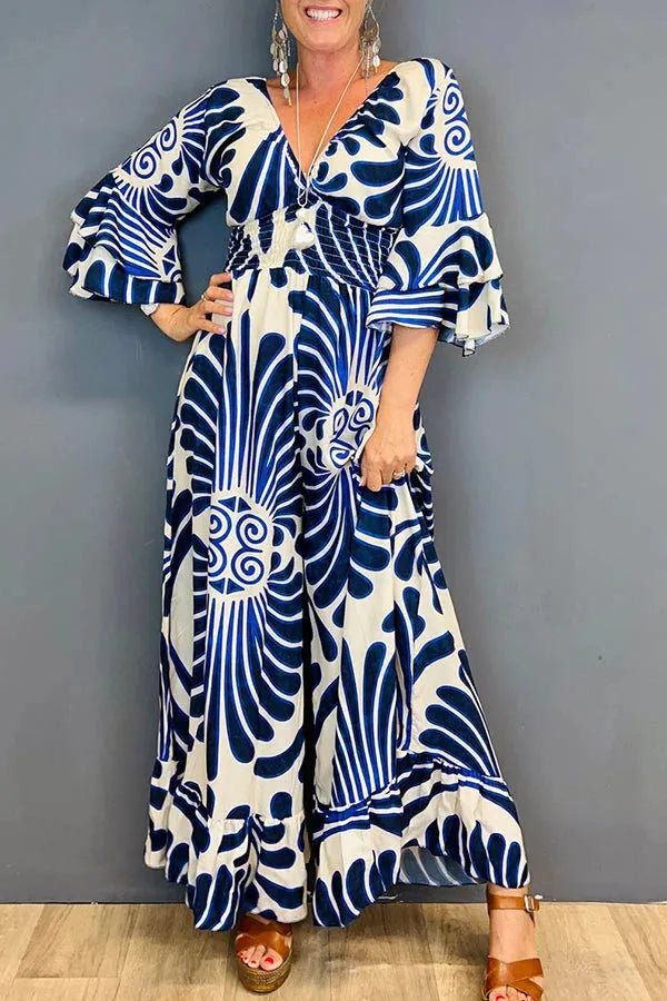 Smocked Waist Wide Leg V-Neck Jumpsuit