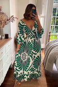 Women's Jumpsuit - V-neck - Wide Sleeves - Smocked Waist - Wide Legs - Bohemian Look