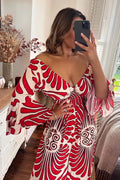 Women's Jumpsuit - V-neck - Wide Sleeves - Smocked Waist - Wide Legs - Bohemian Look