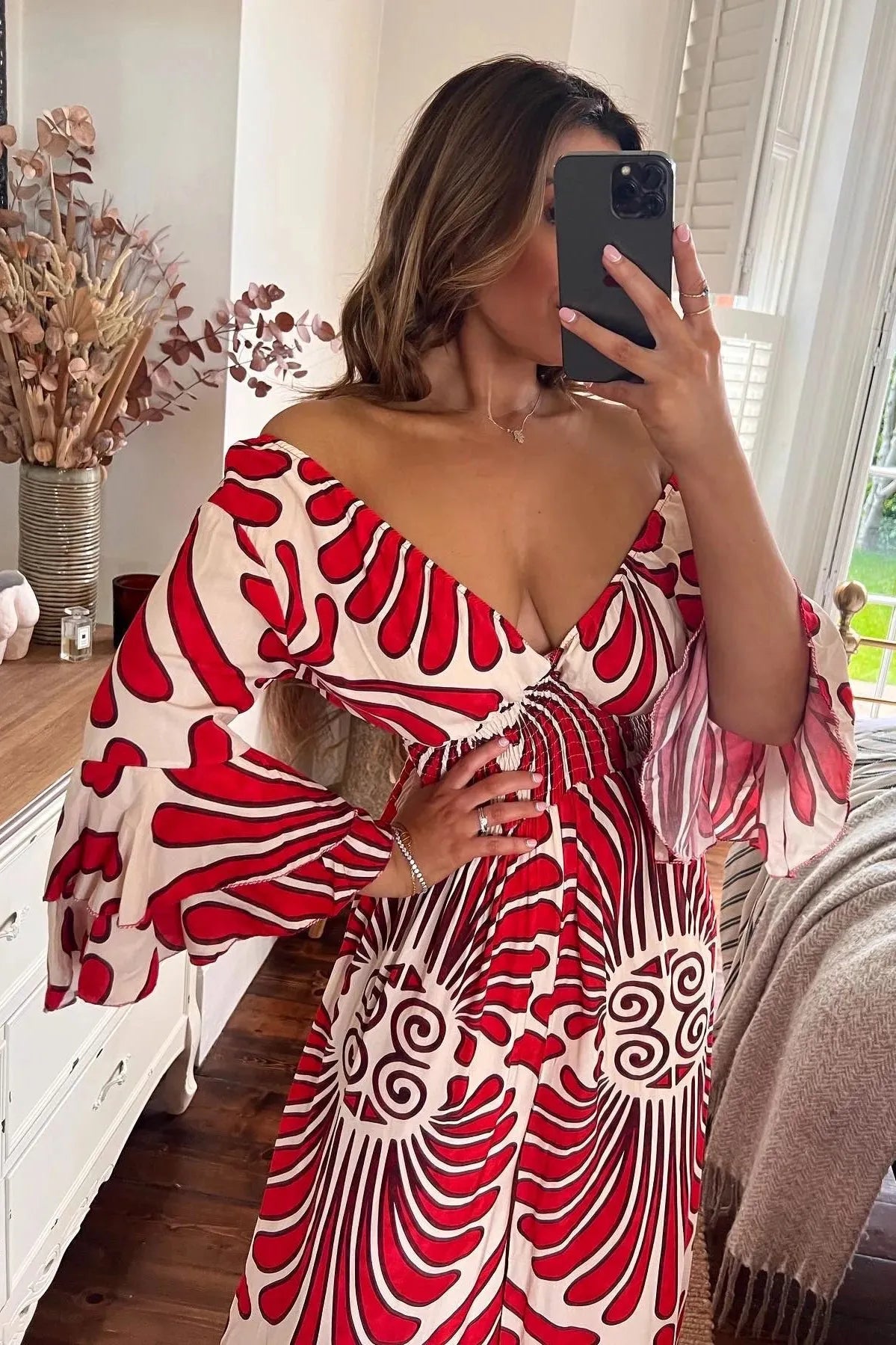 Women's Jumpsuit - V-neck - Wide Sleeves - Smocked Waist - Wide Legs - Bohemian Look