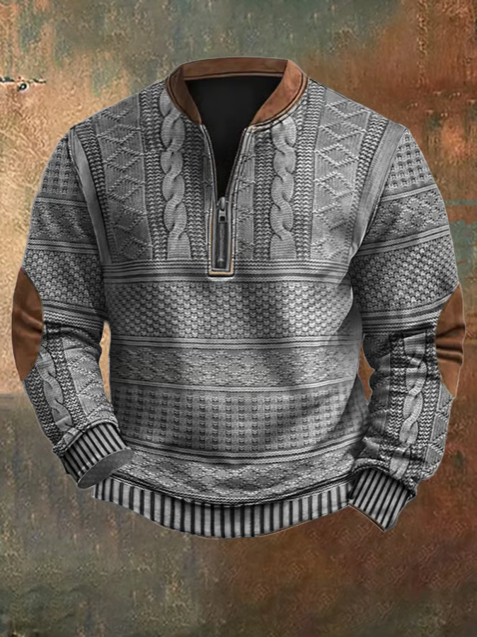 Men's Knit Sweater - Half Zipper - Cable Knit Pattern - Ribbed Edges - Elbow Patches