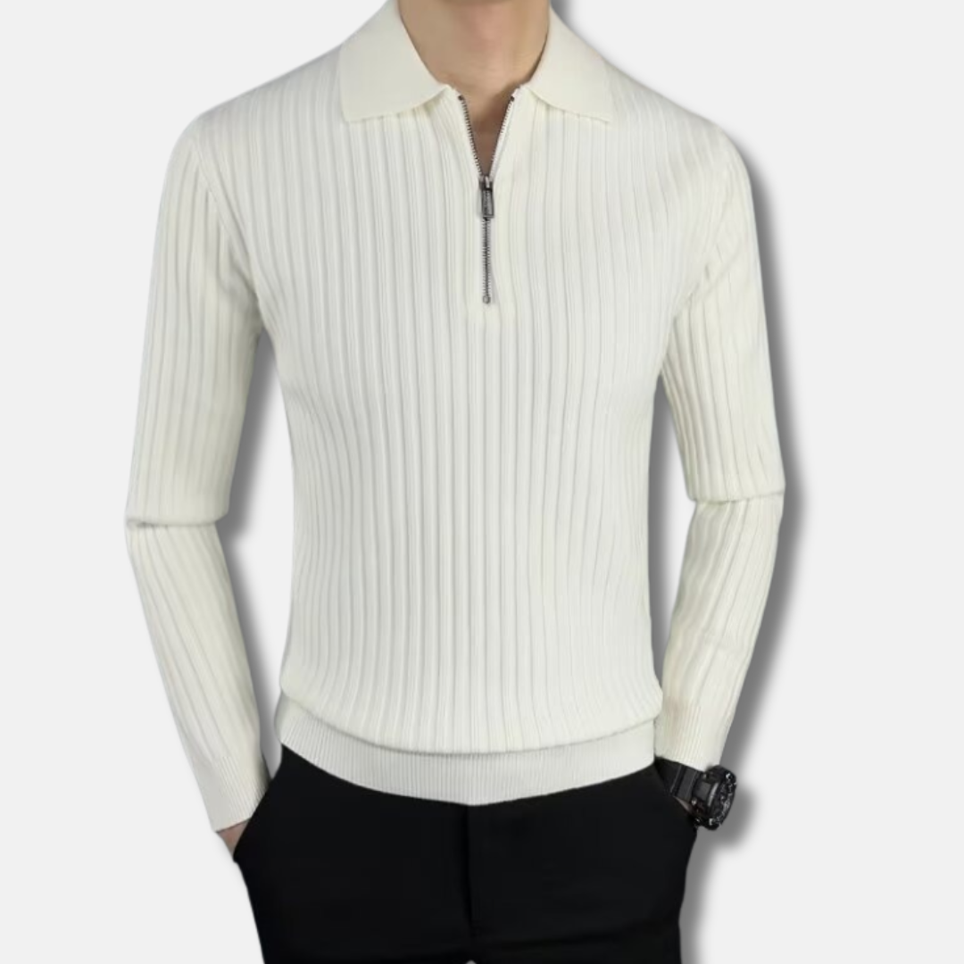 Rib Knit Polo Collar Half-Zip Sweater