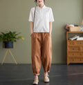 Women's Shirt Blouse - Cotton Linen - Relaxed Fit - Short Sleeves - Buttoned Front