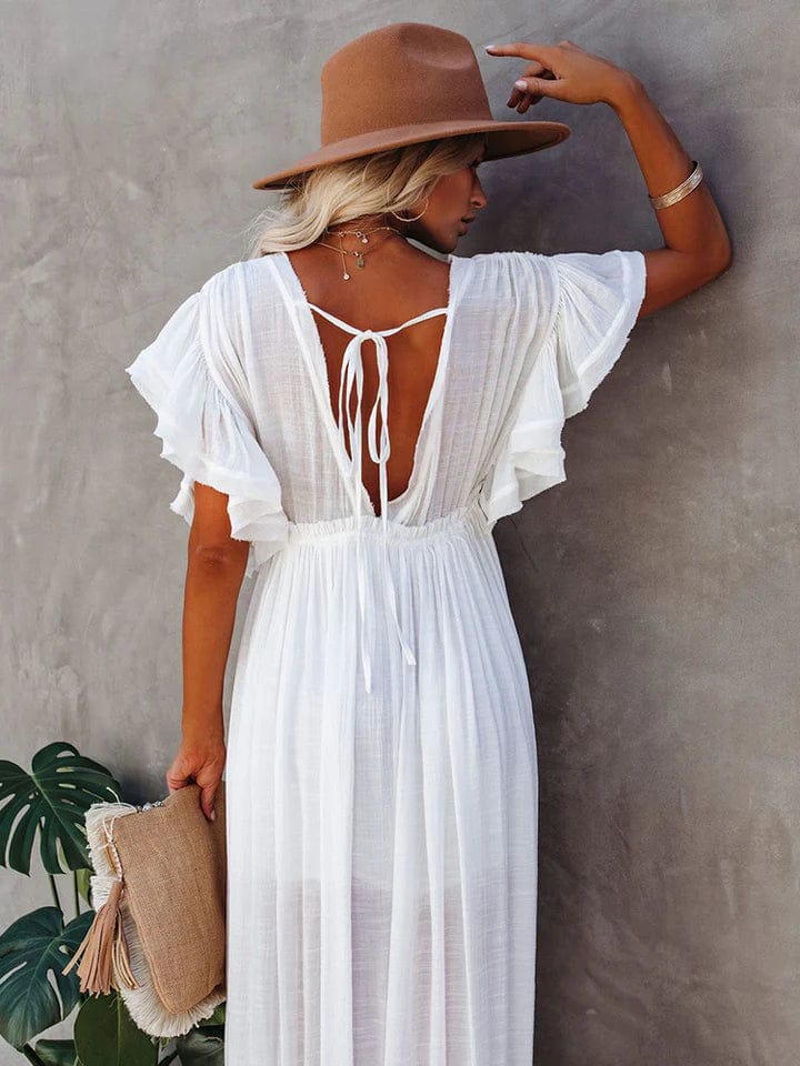 Women's Maxi Dress – Loose Fit – Cotton Blend – Puff Sleeves – V-Neck Boho Style