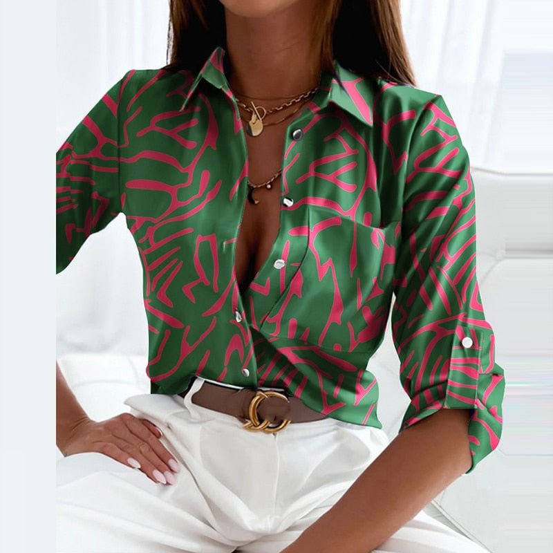 Women's Shirt Blouse - Long-Sleeved Lightweight Design - Classic Collar - Geometric Pattern