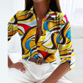 Women's Shirt Blouse - Long-Sleeved Lightweight Design - Classic Collar - Geometric Pattern