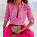 Women's Shirt Blouse - Long-Sleeved Lightweight Design - Classic Collar - Geometric Pattern