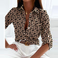 Women's Shirt Blouse - Long-Sleeved Lightweight Design - Classic Collar - Geometric Pattern