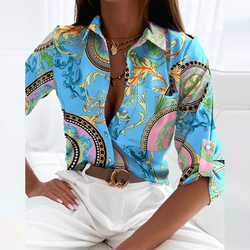 Women's Shirt Blouse - Long-Sleeved Lightweight Design - Classic Collar - Geometric Pattern