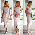 Women's Maxi Dress - Asymmetric Design - Short Sleeve - High Slit - With Belt